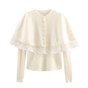 Elegant ivory knitted cardigan set with floral lace trim and pearl buttons on white background