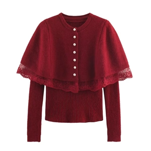 Elegant wine red knitwear set with lace trim and decorative pearl buttons for women