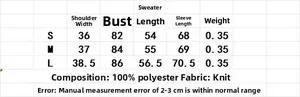 Size guide table for women knit jacket showing S, M, L measurements in 100% polyester