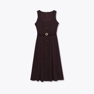 Dark brown sleeveless midi dress with square neck, gold buttons and belted waist