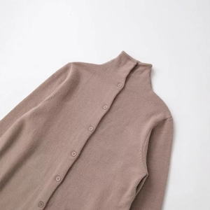 Women's minimalist coffee brown knit sweater with back button detail and high neckline