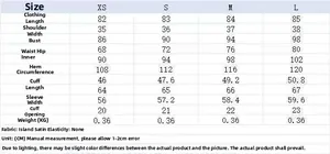 Detailed size chart for long sleeve mini dress with length, bust, and waist dimensions