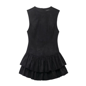 Women Sleeveless Tiered Ruffle Dress Faux Suede A-Line Mini Dress Round Neck Back Zipper Solid Black Chic Elegant Dress