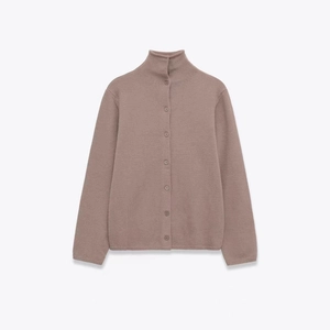 Slim fit knitted cardigan with high neck and matching buttons in taupe morandi gray