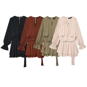 Women Elegant Pleated Satin Long Sleeve Mini Dress Cinch Waist Ruffle Hem V-Neck Solid Color Flowy Autumn Short Party Dress