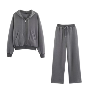 Women's Casual Elegant Polyester Solid Color Hoodie And Straight Leg Pants Set For Early Autumn Loungewear