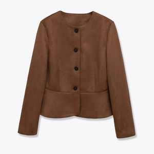 Veste Peplum en Simili Daim pour Femme Mode Col Rond Simple Boutonnage Manches Longues Coupe Slim Automne Hiver Casual