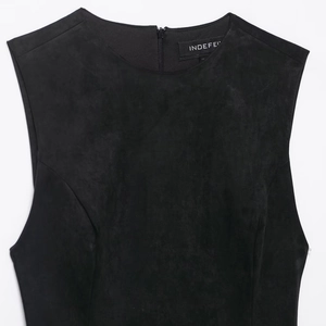 Sleeveless black matte faux suede dress featuring a round neck and structured side pleats