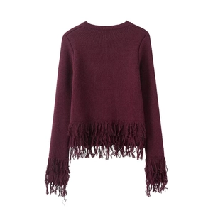 Elegant deep red long-sleeve knit sweater featuring stylish fringe tassels on cuffs and hem