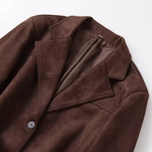 Women's deep brown faux suede jacket with classic lapel and smooth satin lining