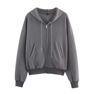 Women's dark grey soft ribbed zip-up hoodie featuring a drawstring hood and side pockets