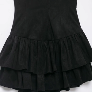 Chic black layered velvet texture dress featuring double ruffle hem with matte finish