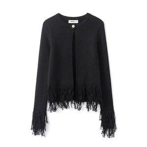 Minimalist black knit cardigan with elegant fringe trim and a gold button round neck