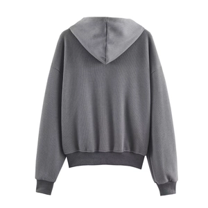 Deep grey women's ribbed hoodie featuring drop shoulders and elastic cuffs back view