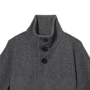 Women's dark grey high neck wool cape coat with elegant button details and textured fabric
