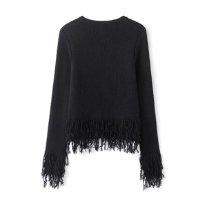 Elegant black long sleeve knit sweater featuring long fringe tassels on cuffs and hemline