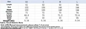Size chart table for women's long sleeve blouse showing measurements for XS to L sizes
