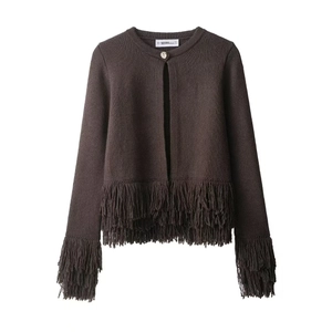 Close-up of dark brown knit cardigan featuring fringe trim and golden button detail