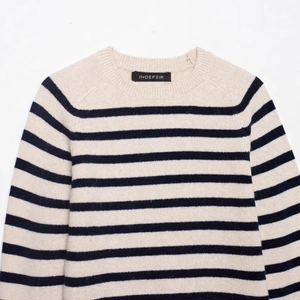 Women casual round neck striped knit sweater in beige and navy long sleeve top