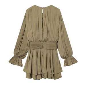 Detail view of olive green long sleeve mini dress with pleated waist and ruffled cuffs