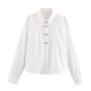Women Casual White Poplin Shirt Jewelry Button Long Sleeve Lapel Loose Blouse Elegant Rhinestone Butterfly Button Top