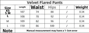 Size chart for velvet flared trousers showing length, waist and hip measurements in cm