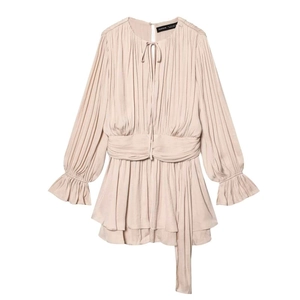 Elegant beige long sleeve pleated mini dress with ruffled cuffs and waist tie detail