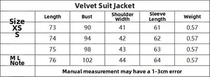 Size chart table showing measurements for the velvet suit blazer with length and bust details