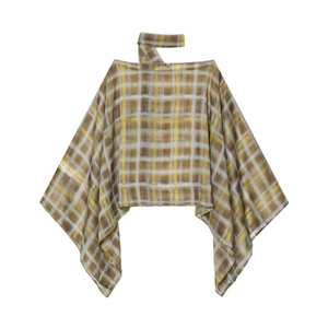 Women's vintage plaid cape blouse with neck strap in brown and yellow chiffon