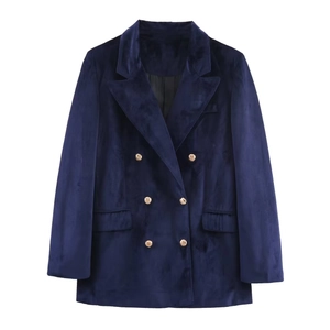 Women's navy blue velvet double-breasted blazer with elegant gold buttons and lapels