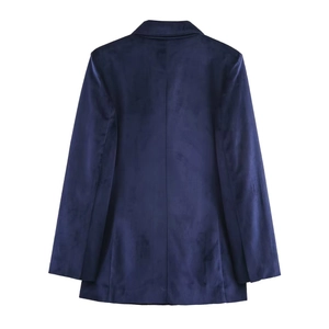 Slim fit navy blue velvet blazer for women featuring a classic tailored back view
