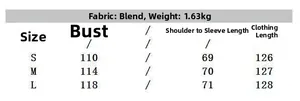 Size chart for women double-breasted long wool coat with detailed measurements and weights