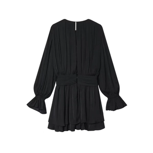 Elegant black long sleeve mini dress with waist ruching and tiered ruffle skirt