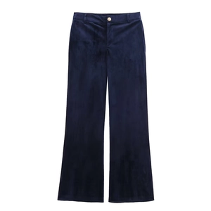 Women's dark blue velvet wide-leg trousers with high waist and vintage gold button detail