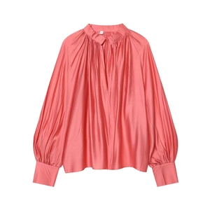 Elegant coral pink satin long sleeve shirt with lantern sleeves and V-neckline pleats