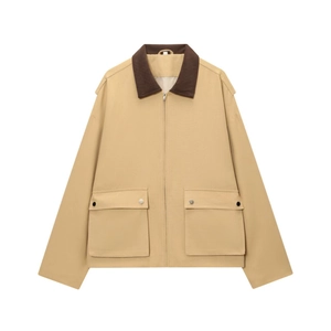 Men's khaki work jacket with a brown corduroy collar and functional utility pockets