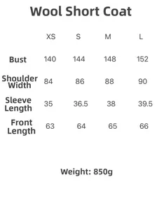 Size chart for women's high neck wool coat showing chest, shoulder, sleeve measurements
