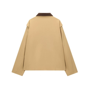 Khaki workwear jacket with contrast brown corduroy collar seen from the back view