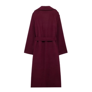 Back view of long burgundy wool coat featuring a notched lapel and matching waist belt