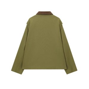 Back view of army green jacket featuring a contrast dark brown corduroy collar detail