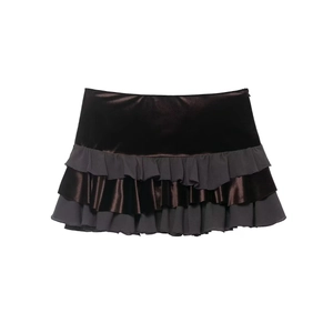 Women Elegant Velvet Satin Patchwork Layered Ruffle Mini Skirt High Waist Side Zipper Slim Fit Black Brown Short Skirt
