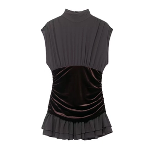 Elegant sleeveless dress with velvet mesh splicing and ruffled hem in dark grey and wine red