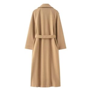 Back view of a long camel wool coat featuring a waist belt and clean raglan sleeves