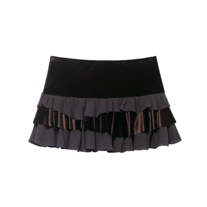Women's high-waisted velvet mini skirt featuring tiered ruffle chiffon layers in black