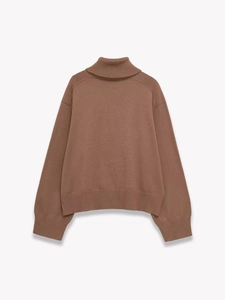Back view of brown turtleneck knit sweater with ribbed cuffs and hem detail