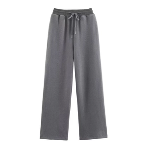 Dark grey wide-leg ribbed sweatpants with elastic drawstring waist on white background