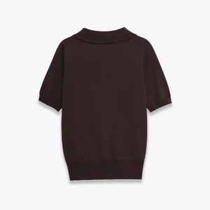 Minimalist short sleeve dark brown knit sweater with a wide collar and ribbed hem