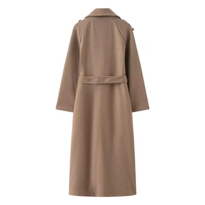 Back view of classic camel wool coat showing premium fabric texture and matching belt
