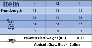 Detailed size chart for women knitwear top with measurements for S, M, and L sizes