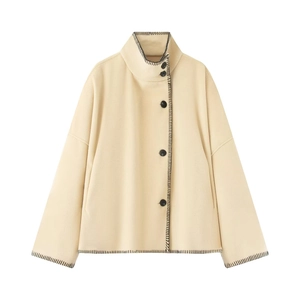 Short cream wool coat with black contrast stitching and high neck collar for women
